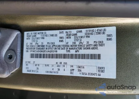 2014 Ford Escape Se из США, поврежденный, VIN 1FMCU0G92EUA20316